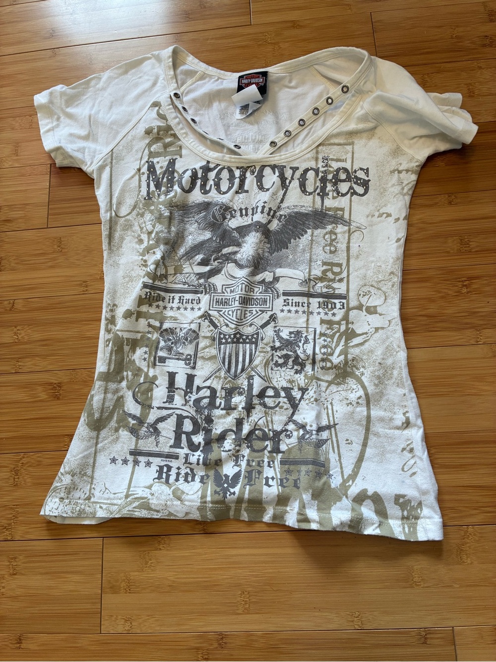 Harley-Davidson White and Gray Graphic Scoop-Neck Tee